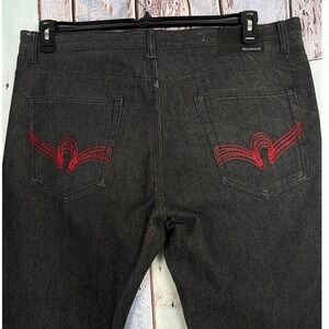 Rocawear Mens Baggy‎ Leg Jeans Gray Red Embroidery W38 L30 Streetwear Denim